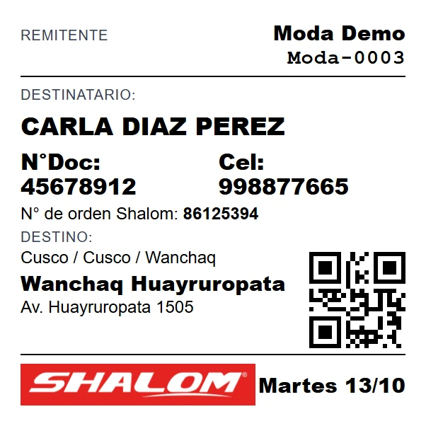 Ejemplo de rótulo para ticketera térmica de 80 mm con los datos del cliente, código QR y logo de Shalom