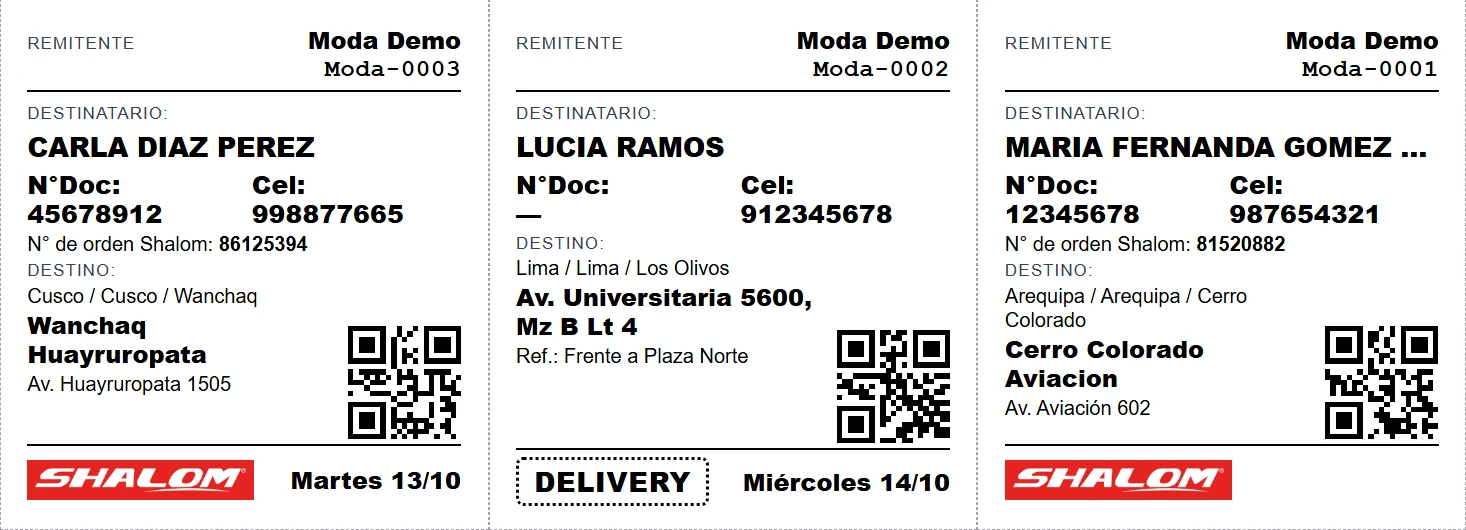 Ejemplo de rótulos en hoja A4: tres rótulos con remitente, destinatario, destino, código QR y logo de Shalom o delivery